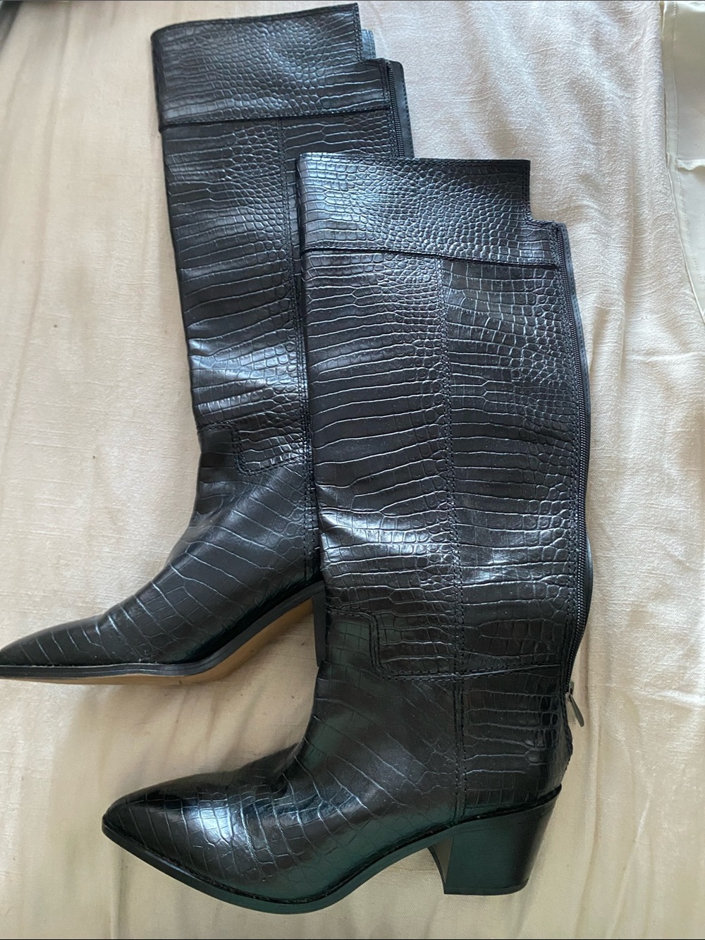 Franco Sarto Black Croc-Embossed Pointed Toe Heeled Boots